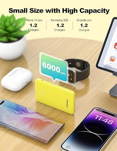 Alongza 6000mAh Small Portable Phone Charger with Built in Cable Lightweight Power Bank Type C Fast Charging External Battery Pack Slim Backup Charger Compatible with iPhone, Android - Yellow thumbnail 5