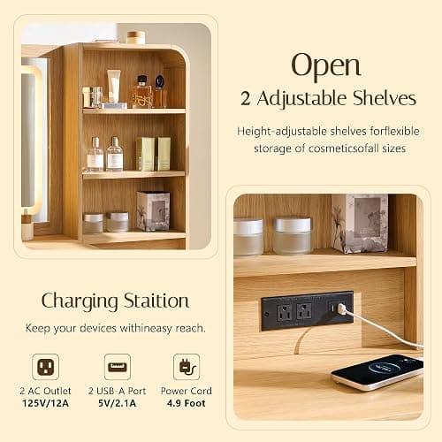 50” Modren Vanity Desk with Mirror and Lights with Charging Station Natural | Makeup Vanity with 35.43" Smart LED Mirror and 5 Drawers & Storage Shelves, Wooden Makeup Table for Women and Girls, Bedroom thumbnail 5