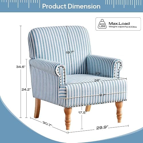 HUIMO Linen Fabric Accent Chair, Mid-Century Modern Armchair with Solid Wood Legs, Single Sofa Chair,Upholstered Reading Club Chair (1, Blue and White Stripe) thumbnail 2