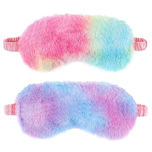 2 Pack Plush Sleeping Eye Mask Soft Plush Eye Mask Fuffy Eye Cover Comfortable Sleep Mask Blindfold Rainbow Faux Fur Eye Shade for Women, Men and Kids Travel Nap Sleeping - Image 1