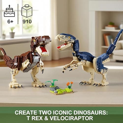 QUENTINAG 910-Piece Dinosaur Toy Building Sets, T.rex & Velociraptor Building Kits for Kids, Fun Build-Two-Dinos World for Boys and Girls Ages 6+, Gift Ideas for Birthdays and Christmas thumbnail 2