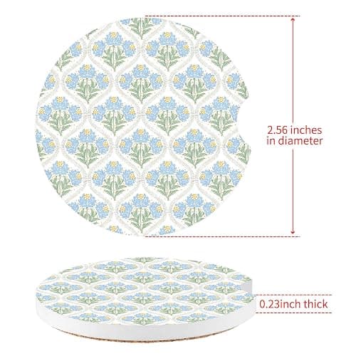 Watbro 2 Pcs Blue Flowers Car Cup Holder Coasters, 2.56 Inch Absorbent Ceramic Cup Coasters for Women, Cute Aesthetic Floral Print Car Interior Accessories for Most Cars, Trucks, SUVs thumbnail 2
