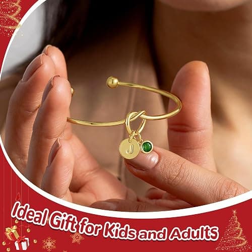 Turandoss Christmas Gifts for Grandkids, Dainty 14K Gold Plated 12 Months Disc Initial Birthstone Heart Knot Bangle Bracelet Birthday Bridesmaid Bracelet Jewelry for Women Girls thumbnail 5