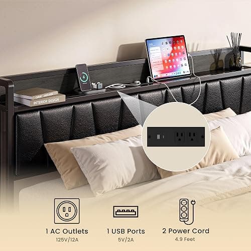 LIKIMIO Queen Bed Frame with Storage Headboard and Charging Station | Black Upholstered Platform Bed Frame, Sturdy Noise-Free Metal Support, No Box Spring Needed, Easy Assembly thumbnail 4