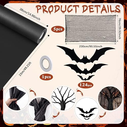 Blueweenly 152 Pcs DIY Halloween Tree Decoration Kit with 124 Pcs 3D Bats 5 Spider Web 2 Kraft Paper Rolls 20 Hooks Spooky Wall Decor Set for Indoor Party Haunted House Decorations thumbnail 3