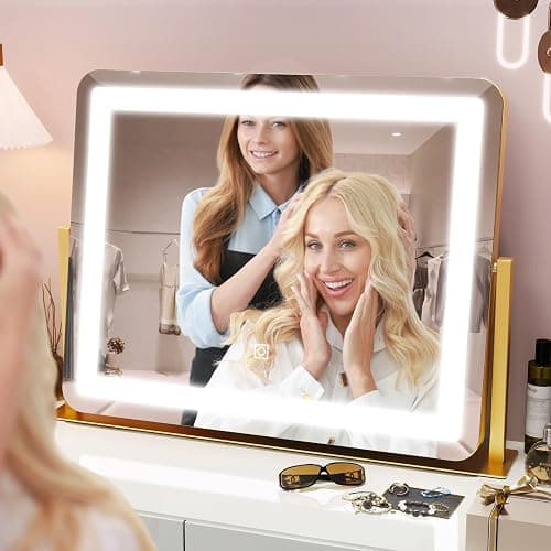 HNV Gold Vanity Makeup Mirror with Lights, 22"x17" Large Lighted Vanity Mirror, Dimmable LED with 3 Color Touch Lighting, Tabletop Mirror for Desk or Bedroom, 360° Rotation thumbnail 8