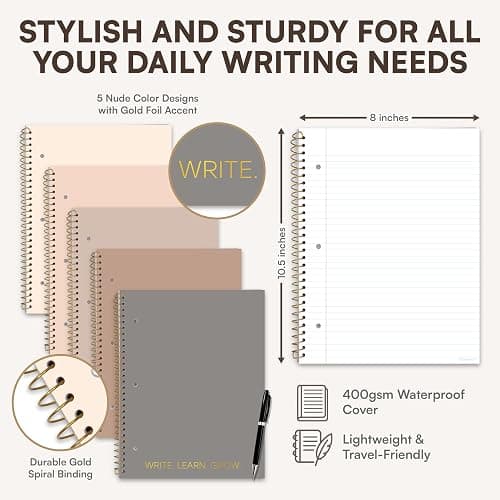 Decorably 5-Pack 140 Pages Gold Foiled Spiral Note Books College Ruled with Stickers, 8x10.5in Spiral Bound Cute College Ruled Notebook, 3-Hole Punched, Easy Tear-Off Perforated Pages - Work, School thumbnail 3