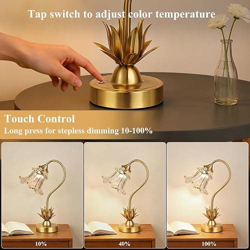Cordless Flower Table Lamp with Glass Lampshade, 5200mAh Rechargeable Battery, 3-Color Dimmable Touch Control, Portable Desk Lamp for Nightstand, Patio, Camping, Restaurant & Home, Transparent thumbnail 4