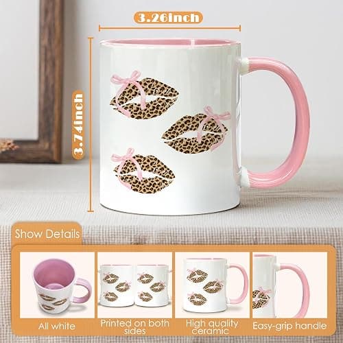 Foyoulame Pink Bow Leopard Print Lips Coffee Mugs, Leopard Cheetah Mug - Preppy Coquette Bow, Coffee Teacup, Preppy Girly Gift Mugs for Women Girls, Coquette Cheetah Print Lips Ceramic CoffeeMug 11oz thumbnail 3