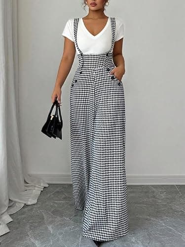 Milumia Women's Houndstooth Overalls Wide Leg Jumpsuit Suspender Pants | One Piece Jumpsuits, With Pockets, Baggy, Sleeveless, Going Out Outfits, Spring Fall, Plaid Romper thumbnail 5