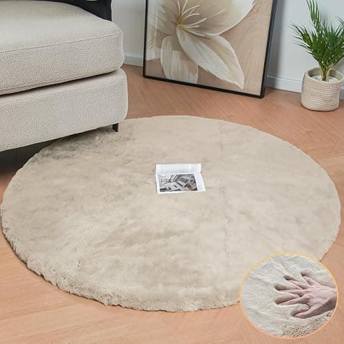 ORINOVA Teppich Beige Rund Flauschig 90 cm Kunstfell Runder Teppich Schlafzimmer Fellteppich Wohnzimmer Kinderzimmer Klein Deko Kuschelig Waschbar thumbnail 3