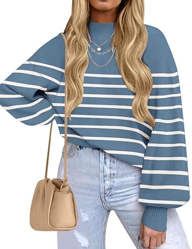 ZESICA Women's 2025 Fall Fashion Turtleneck Long Sleeve Striped Ribbed Knit Loose Pullover Sweater Tops - Image 1