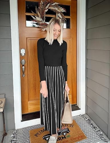 ZESICA Womens 2025 Fall Turtleneck Long Sleeve Sweater Dress Tie Waist Casual Loose Ribbed Knit A Line Midi Dresses thumbnail 6