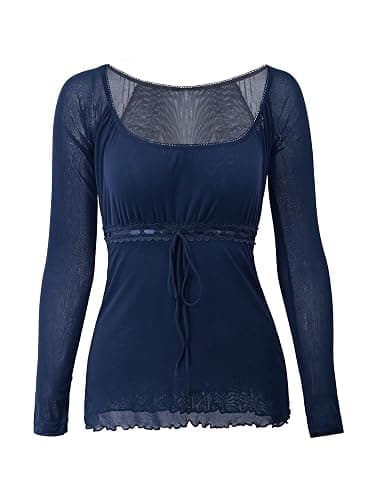 Y2K Mesh Top Women Long Sleeve Shirts Scoop Neck Ruffle Hem Babydoll Blouse thumbnail 6