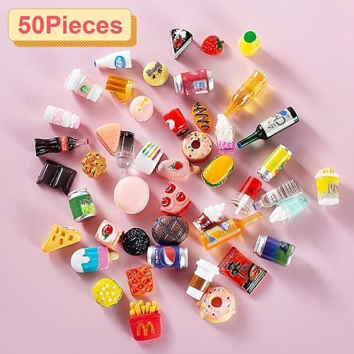 50 Pcs Miniature Food Drink Bottles Soda Pop Cans Pretend Play Kitchen Game Party Accessories Toys Hamburg Cake Ice Cream for 1/12 Doll House (25Food+25Drink) thumbnail 3
