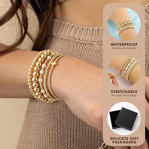 Yoosteel Gold Beaded Bracelets Set for Women Teen Girl Gifts Non Tarnish - 14K Gold Plated Dainty Round Bead Ball Pearl Cross Bracelet Stack for Women Teenage Girls Stackable Jewelry Christmas Gifts thumbnail 5