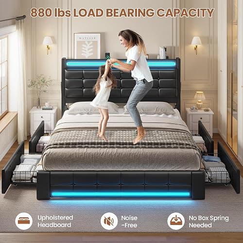 ADORNEVE Queen Bed Frame with Storage Headboard & 4 Drawers, LED Bed Frame Queen with Charging Station, Leather Upholstered Platform Bed Frame with Button Tufted, No Box Spring Needed, Black PU thumbnail 8