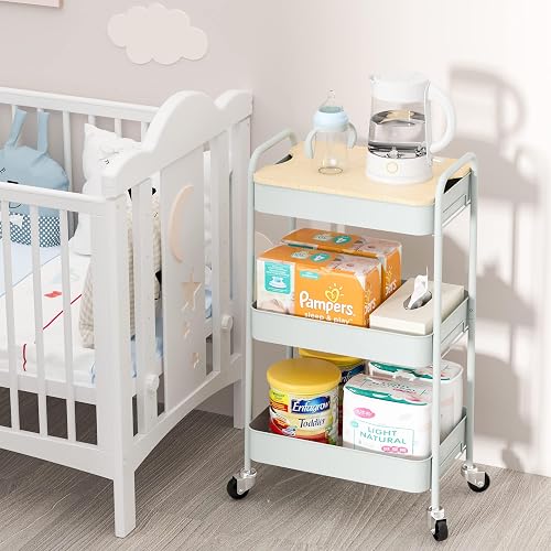 TOOLF 3 Tier Rolling Cart, Metal Utility Cart with Wheels & Wooden Top, Diaper Organizer Cart, Rolling Craft Storage Cart, Serving Trolley Cart for Kitchen, Office, Bathroom, Baby Nursery, Green - Green thumbnail 2