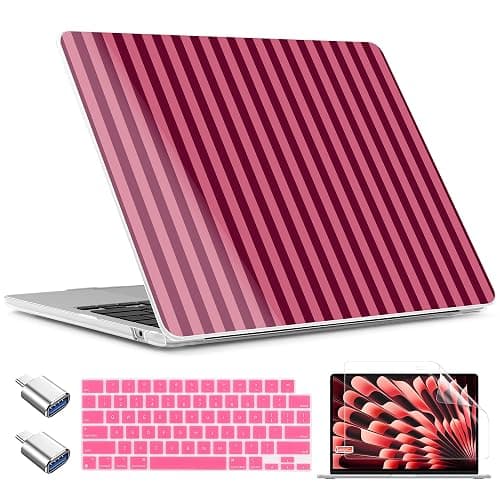 TWOLSKOO for MacBook Air 15 inch Case 2026 2025 2024 2023 Release M5 A3448 M4 A3241 M3 A3114 M2 A2941, Plastic Hard Shell & Screen Protector & Keyboard Cover & Type C Adapter, Dark Pink Stripes - Image 1
