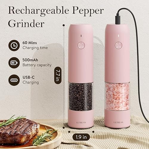 Ultrean Electric Pepper Grinder, Rechargeable Salt and Pepper Grinder with 6 Adjustable Coarseness, Automatic Grinder for Kitchen, LED Light, Christmas Gifts for Women, Pink thumbnail 4