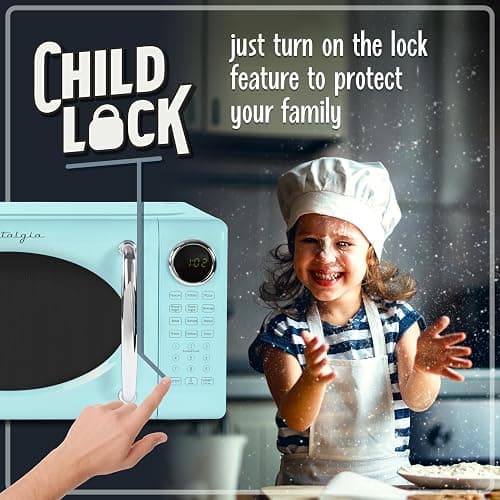 Nostalgia Retro Microwave Oven 0.7 Cu Ft, 700-Watt Countertop Size with Glass Turntable, Child Safety Lock, 8 Auto-Cook Programs, Digital Clock, Aqua - 0.7 Cu. Ft. - Aqua thumbnail 5