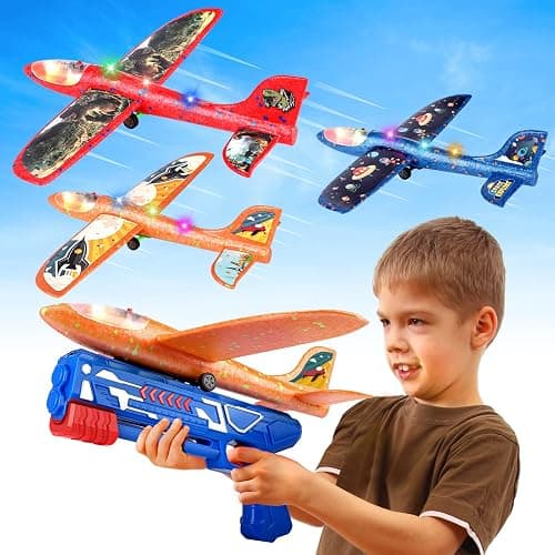 3 Pack Foam Airplane Launcher Toy with 3 DIY Stickers, 12.6" Glider Led Plane, Catapult Plane Boy Toys, Outdoor Sport Flying Toys for Kids Birthday Gifts for 4 5 6 7 8 9 10 11 12 Year Old Boys Girls - Image 1