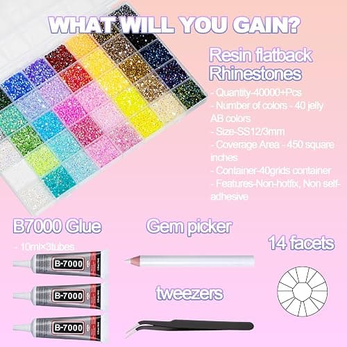 40000+Pcs Resin Jelly Rhinestones for Bedazzling, 3mm Multicolor Flat Back Gems Bedazzler Kit with 3Pcs 10ml B7000 Jewelry Glue, Colorful Bulk Jewels for Book Shoes Crafts Tumblers Nail Art DIY thumbnail 2
