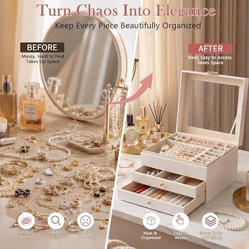 GeeBom Jewelry Box - 3 Layer Jewelry Organizers and Storage with Clear Lid & 2 Drawers,Jewelry Boxes for Women, Watch Necklace Ring Earring Storage Gift Case, Cloud White thumbnail 2