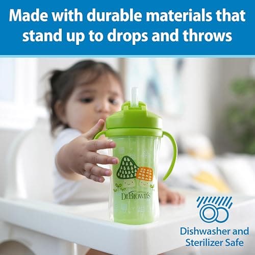Dr. Brown's Milestones Insulated Sippy Cup with Straw and Handles, Spill-Proof Tumbler with Lid, 2-Pack, Blue & Green, 10 oz/300 mL, BPA Free, 12m+ | Insulated, with Straw, and Handles, Spill-Proof, with Lid, BPA Free thumbnail 7