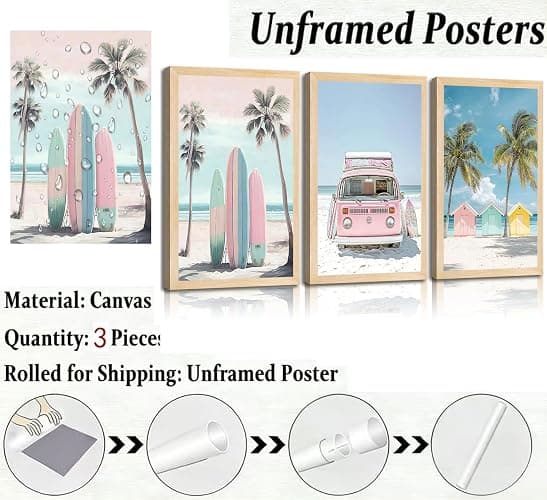 3Pcs Pink Beach Wall Art Tropical Teen Girl Coastal Canvas Poster Print Surfboard Palm Picture Wall Decor for Beach Room Bathroom Living Room Bedroom 12x16in Unframed thumbnail 4
