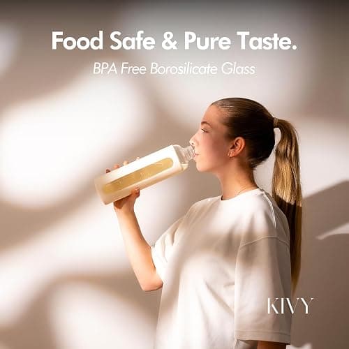 KIVY Glass Water Bottle with Silicone Sleeve 32 oz [WITH MEASUREMENT] - Borosilicate Glass Water Bottle Screw Top - Clear Bottles with Measurement Marking - Slim Waterbottle Aesthetic - Cream White - 32 Ounces - Cream White thumbnail 5