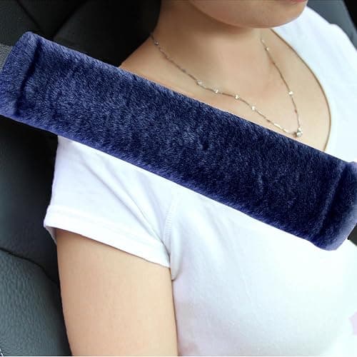 Amooca Soft Faux Fur Universal Fit Seatbelt Cover Car Truck SUV Airplane Seat Belt Shoulder Pad for Carmera Backpack Straps Neck Cushion Protector 2 Pack 10.5in Dark Blue - Image 1