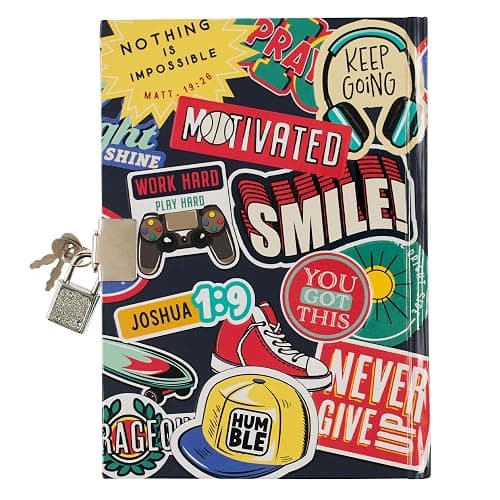 Secret Diary with Lock/Keys, Boys Interactive Christian Blue Journal with Writing Prompts Teen, Tween Be Strong Joshua 1:9 Bible Verse thumbnail 2