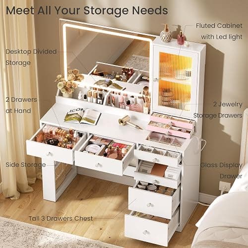 MSmask Makeup Vanity Desk with Mirror and Lights & Large LED Cabinet, Vanity Table with 2 Jewelry Boxes, 6 Drawers & Shelves, Dressing Table with Power Outlets for Women Girls Bedroom, White thumbnail 4
