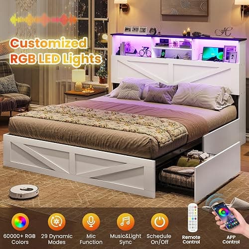 VIAGDO Farmhouse Bed Frame Full Size with Bookcase Storage Headboard, Charging Station and LED Lights, Wooden Full Bed Frame with 4 Drawers, Barn Door Design, No Box Spring Needed, No Noise, White thumbnail 5