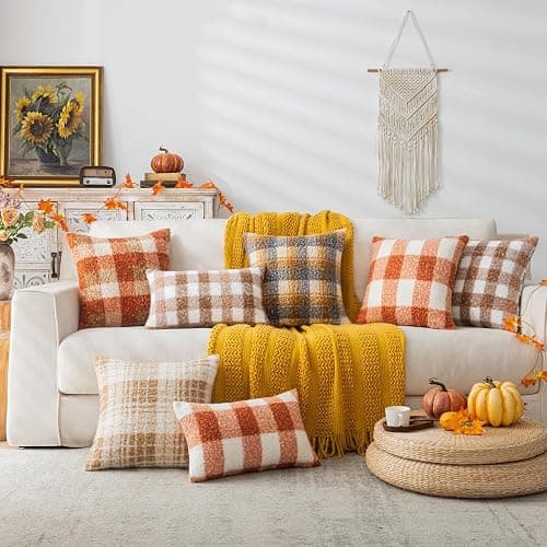 AQOTHES Plaid Fall Throw Pillow Covers Orange 18x18 Inch Set of 2 | Boucle Decorative Pillow Covers, Autumn Cozy Fluffy Home Farmhouse Decor, for Living Room Sofa Couch Bed, Holiday Decorations thumbnail 2