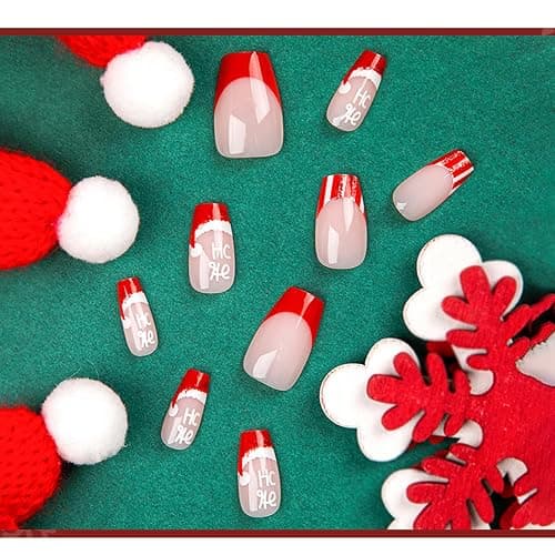 Christmas False Nails,24Pcs Square Stick on Nail with Red Hat Design, Short Press On Ballet Nude Pink Fake Nails with Glue Sticker for Women Gift (Red,Nude Pink,Hat) thumbnail 6