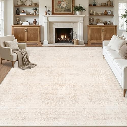 8x10 Area Rugs for Living Room: Vintage Boho Neutral Washable Rug Indoor Soft Large Area Rug Carpet for Bedroom Nursery Farmhouse Dining Room Office Floor Non-Slip Low Pile Under Table Rug Beige - Image 1