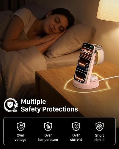 Anlmz 3 in 1 Charging Station for iPhone, Wireless Charger for iPhone 17 16e 16 15 14 13 12 11 X Pro Max & Apple Watch - Charging Stand Dock for AirPods (Pink) thumbnail 7