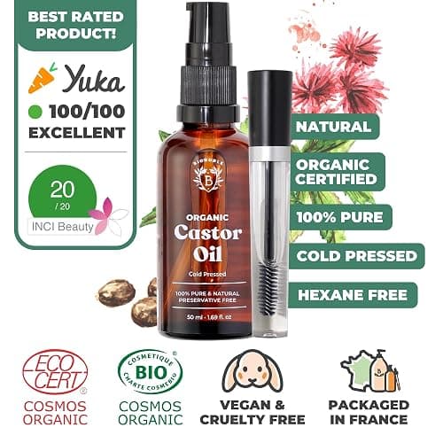 BIONOBLE Organic Castor Oil Cold Pressed + Mascara Kit - Hexane Free, 100% Natural - Pure Castor Oil Organic for Eyelashes, Hair Growth, Eyebrows, Skin, Face - Glass Bottle, Pipette and Pump - 50ml thumbnail 2