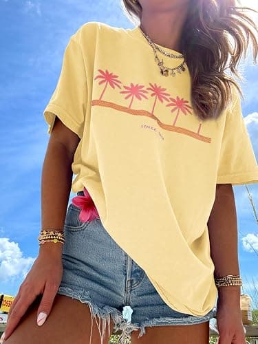 Vintage Oversized Flower Graphic Tees Cute Surfboard Palm Baggy T-Shirts Summer Preppy Beach Tops Teen Girls Clothes thumbnail 5