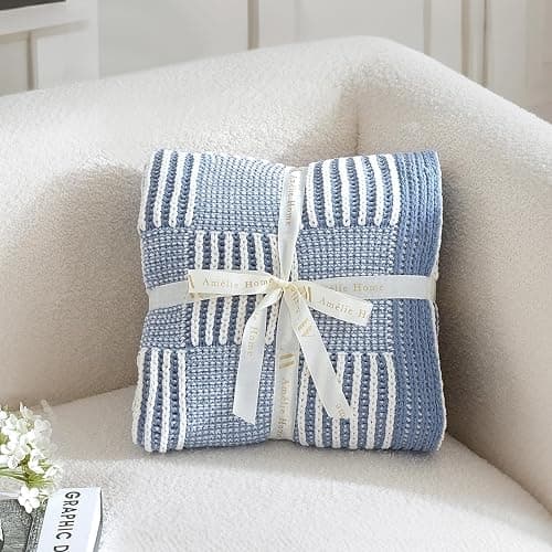 Amélie Home Checkered Knit Throw Blanket for Couch, Chenille Texture Decorative Soft Blanket for Sofa & Chair, 50"x60", Blue & White thumbnail 8