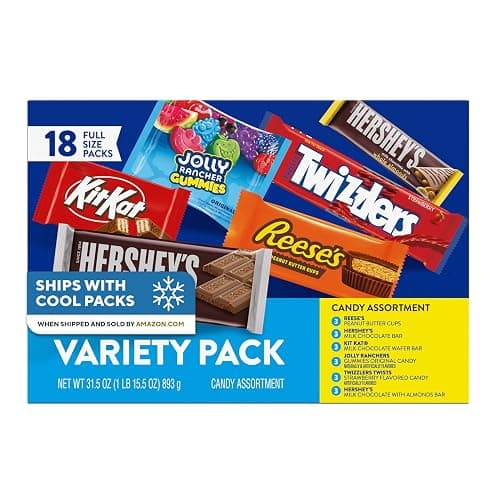 Hershey Assorted Flavored Candy Variety Pack, 31.5 oz (18 Packs) | Individually wrapped full-size candy packs with milk chocolate and fruit flavors for parties, and pantry restocking. - Image 1