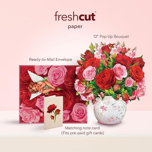 Freshcut Paper Pop Up Cards, Blooming Roses, 12 Inch Life Sized Forever Flower Bouquet 3D Popup Greeting Cards, Valentine's Day, Anniversary Card, Blank Notecard & Envelope - Blooming Roses thumbnail 3