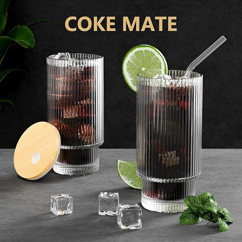 CWHHRN 16OZ Ribbed Glass Cups with Lids and Straws 4 Set, Vintage Glassware for Whiskey Cocktail Beer, Iced Coffee Cups with Lid, Glass Tumbler with Straw and Lid (4 PACK) thumbnail 6