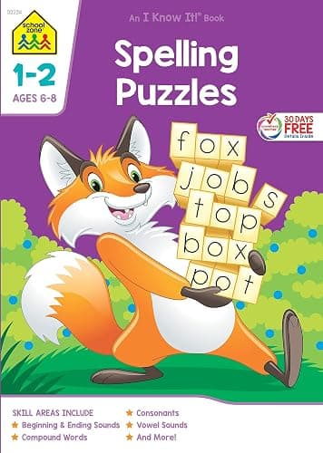 School Zone Spelling Puzzles 1-2 Workbook: 64 Pages, 1st Grade, 2nd Grade, Compound Words, Vowels, Consonants, Pronunciation, Writing, Ages 6 to 8 (I Know It! Book Series) - Image 1