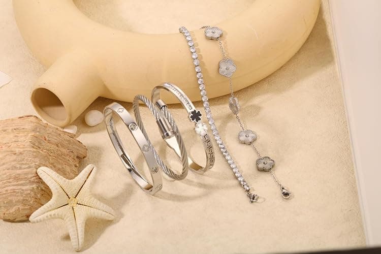 Camhanno Silver Bangle Bracelets for Women - Stainless Steel Stackable Bangles Non-Tarnish Clover Lucky Charm Bracelets, Trendy Gift for Girlfriend/Wife on Christmas Valentine’s Birthday thumbnail 7