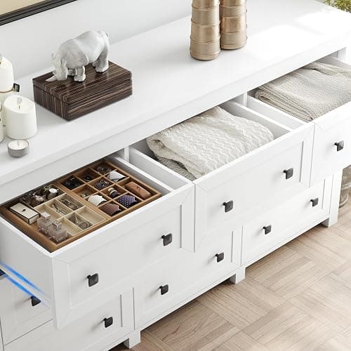 Boonatu Dresser for Bedroom with 9 Drawers, Wood Dressers Chest of Drawers with Metal Handles, Modern Bedroom Dresser with Drawers for Closet Hallway, Living Room, White thumbnail 6