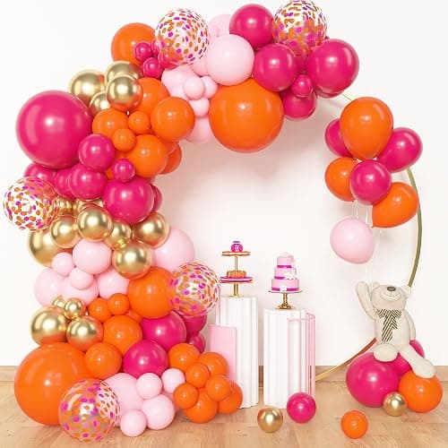 Amandir 153Pcs Pink and Orange Balloon Arch Kit, Different Sizes 18 12 10 5 Inch Metallic Gold Sunset Hot Pink Orange Confetti Latex Balloons Birthday Summer Tropical Graduation Party Decorations - Image 1