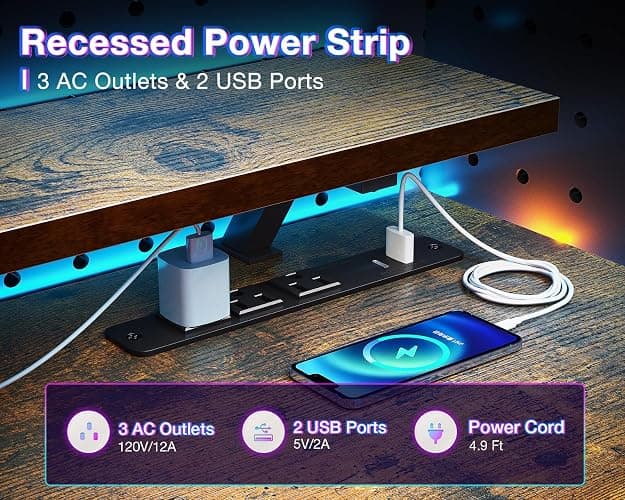 ODK Reversible Gaming Desk with Power Outlets and LED Lights, 48 Inch Computer Desk with Storage Shelves and Monitor Stand, Modern Writing Study Desk for Home Office, Rustic Brown thumbnail 4